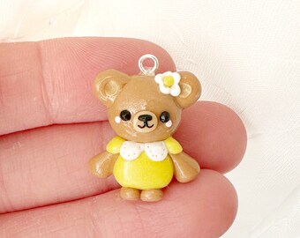 Yellow Flower Bear Kawaii Charm- Polymer Clay Charms- Stitch Marker