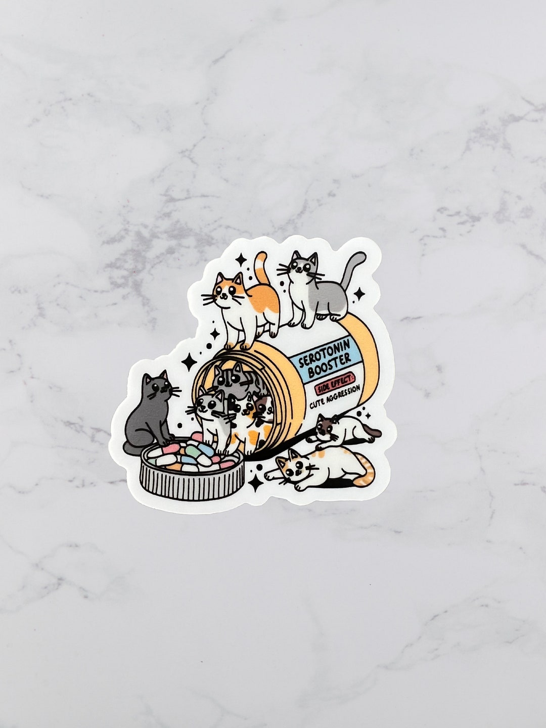 Visual Reference: 2 Inch Cats In A Pill Bottle Labeled Serotonin Sticker