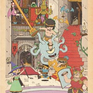 Puede incluir: Ilustración colorida que representa una escena de fantasía con varios personajes. Un niño monta una criatura azul con múltiples ojos. Otros personajes incluyen un guerrero, una bruja y varios monstruos. El fondo presenta una biblioteca, escaleras y una puerta.