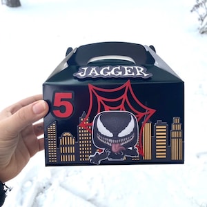 venom favor box, treat box, favor boxes, gable box custom box, venom Spiderman personalized box, candy box, venom party black boy Spiderman
