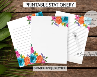 Spring Floral Printable Stationery, Letter Writing Paper Set, Flower Paper, Journal Notes, Lined and Unlined, US Letter 8.5x11, College Wide