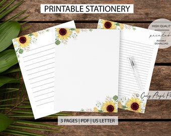 Sunflower Stationery Printable, Letter Writing Paper Set, Floral Paper Set, Lined and Unlined, US Letter 8.5x11 College Wide Yellow Flowers