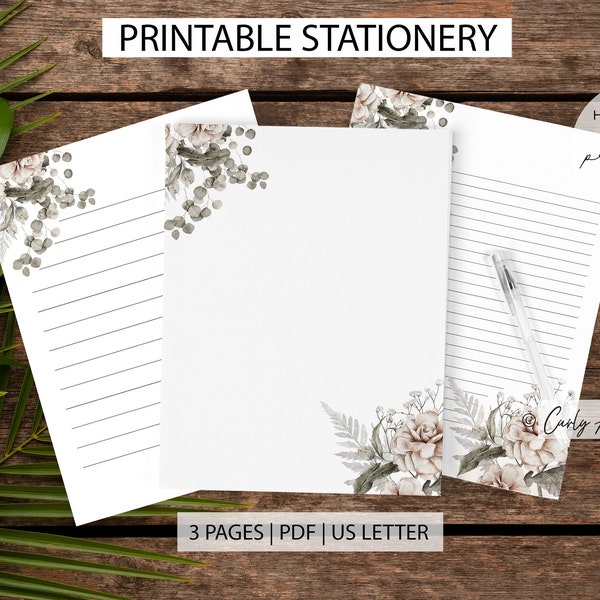 Floral Stationery Printable, Letter Writing Paper Set, Digital Paper, Wedding Paper, Lined and Unlined, US Letter 8.5x11, College Wide