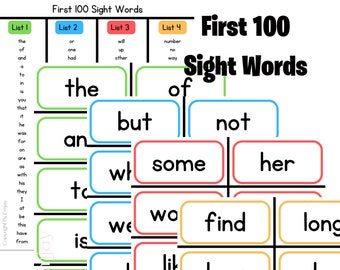 100 Printable Fry's First Hundred Sight Word Flashcards | Kindergarten-1st Grade Sight Words | Color Coded | High Frequency Word Flashcards.
