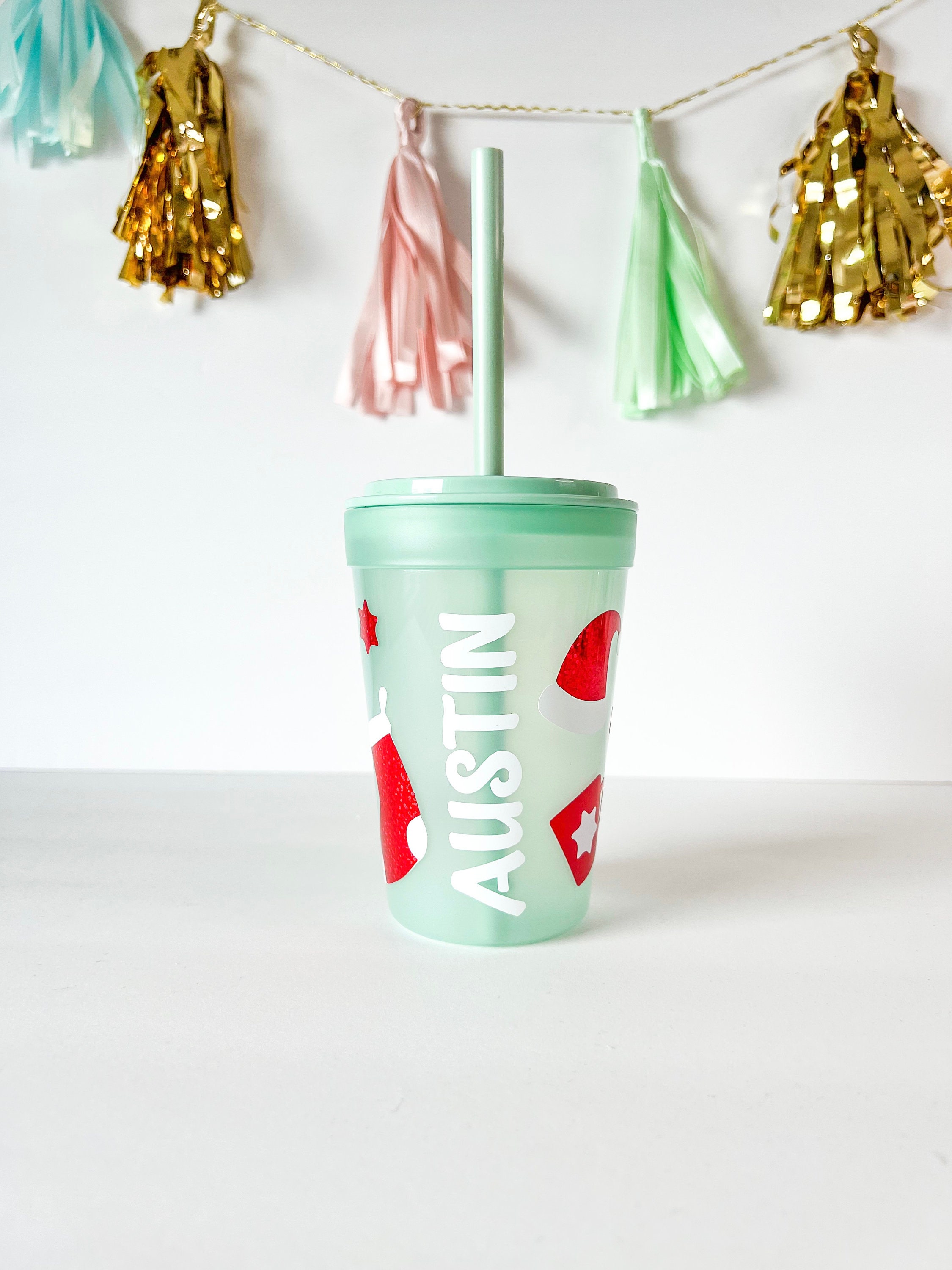 Personalized Christmas Kids Cup With Custom Name 13/16 Ounces Straw Cup  Holiday Gift Reindeer Tumbler 