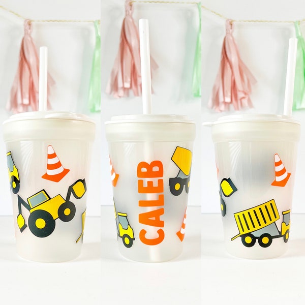 Kids Custom Construction Straw Cup Personalized with Name 13 ounces | Bulldozer Excavator Dump truck