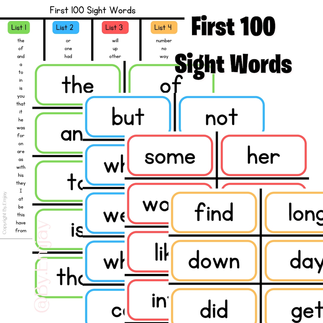 100 Printable Fry's First Hundred Sight Word Flashcards Kindergarten