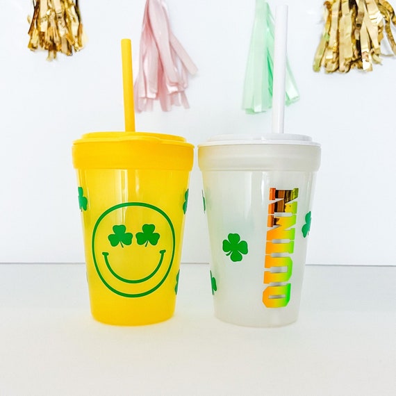 Kids Personalized St. Patrick's Day Cup With Straw Custom Tumbler With Name  Smiley Face Shamrock Four Leaf Clover 