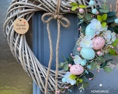 Pastel Easter spring wicker heart wreath