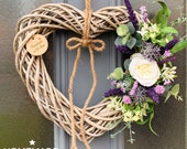 Wild lavender and cream rose wicker heart wreath