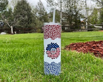 Stars and Stripes Sunflower Tumbler - Red White and Blue Sunflower Leopard Print Tumbler - 4th of July Leopard Print Tumbler - USA Sunflower
