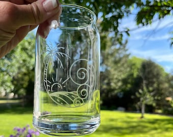 Beer Can Glass With Etched Beach Design - Etched Palm Tree Beer Can Glass - Iced Coffee Glass With Etched Beach Design - Beach Lover Gift