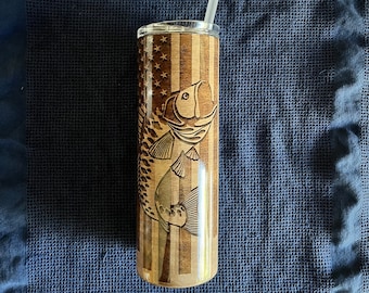 Husband, Dad Fishing Legend Tumbler - Stainless Steel Tumbler with Woodgrain Design and US Flag  - Father's Day Gift for Dad or Stepdad