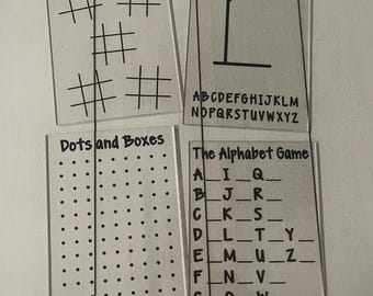 Reusable Travel Game Boards for Kids - Set of 4 Travel Games with Case - Acrylic Game Boards w/ Dry Erase Marker - Tic Tac Toe - Hangman