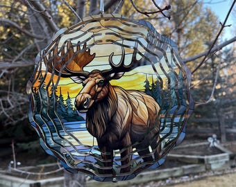 Moose Wind Spinner - Hanging Wind Spinner - Stained Glass Moose Metal Wind Spinner - 8" Wind Spinner For Porch - Wind Spinner For Patio