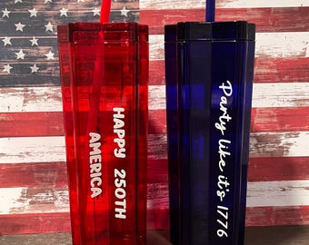 Personalized Star Tumbler - Party Like It's 1776 - HAPPY 250TH AMERICA Cup - Red or Blue Patriotic Cup w/ Lid & Straw - 4th of July Tumbler