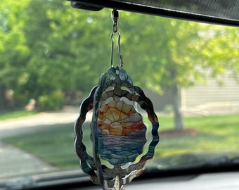 3" Wide Mini Beach Scene Wind Spinner -  Fan Pull Charm - Rearview Mirror Wind Spinner -  Indoor Wind Spinner -Under Shelf Wind Spinner
