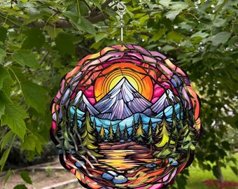 Mountain Scene Wind Spinner - Trees and Mountains Metal Spinner - Nature Lover Wind Spinner - 8" Hanging Wind Spinner - Patio Wind Spinner