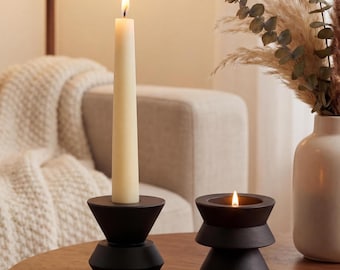 Juego de portavelas cónicos / Portavelas de metal negro mate con portavelas para velas pequeñas / Decoración de mesa minimalista nórdica moderna