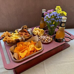 Handmade wooden tray with drink holders and snack plate, rustic home decor