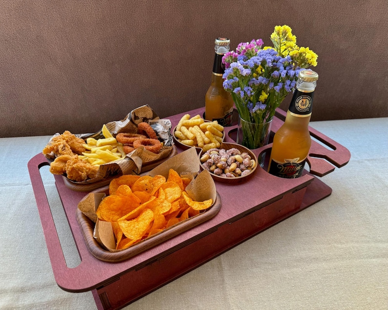 Handmade wooden tray with drink holders and snack plate, rustic home decor