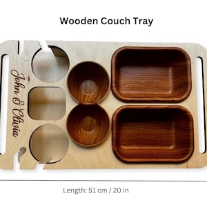 Birch wood couch tray with personalized engraving and brown stain finish