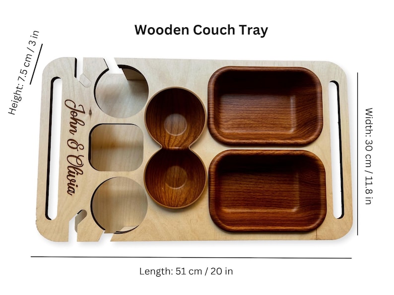 Birch wood couch tray with personalized engraving and brown stain finish