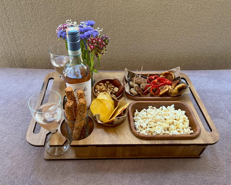 Housewarming gift tray with wine glass slots and snack storage