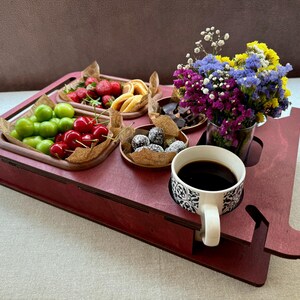 Rustic sofa butler tray with engraving, shown as Christmas gift for him