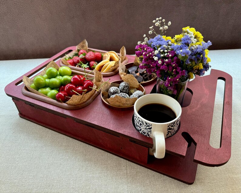 Rustic sofa butler tray with engraving, shown as Christmas gift for him