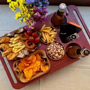 Portable table with cup holders and phone slot, personalized for anniversary gift