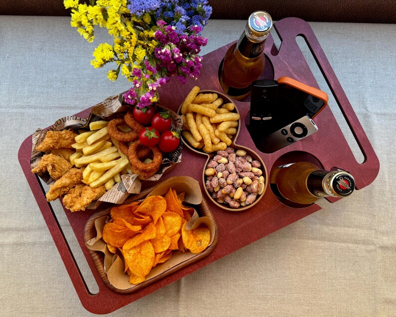 Portable table with cup holders and phone slot, personalized for anniversary gift
