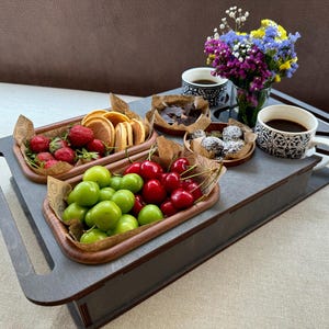 Elegant serving tray with wine glasses and snack bowl, handcrafted wood design
