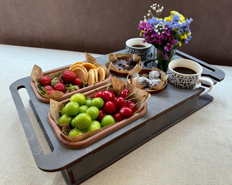 Elegant serving tray with wine glasses and snack bowl, handcrafted wood design