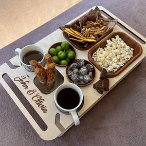 Personalized wooden sofa tray with snack bowl, wine holders, and phone slot