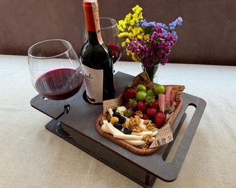 Barra de sofá personalizada: bandeja de madera con soporte para aperitivos y bebidas