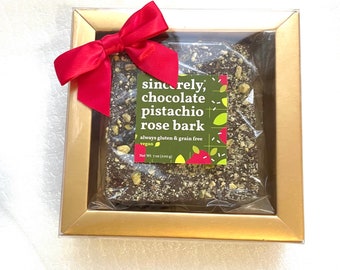 Organic Vegan Chocolate Bark With Pistachios And Edible Roses, Gluten Free Vegan Gift Box, Dairy Free Chocolate