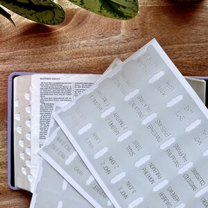 May include: A set of gray and white Bible tabs with the names of the books of the Bible printed on them. The tabs are arranged in rows and columns, and they are all the same size and shape.