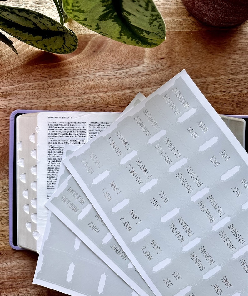 May include: A set of gray and white Bible tabs with the names of the books of the Bible printed on them. The tabs are arranged in rows and columns, and they are all the same size and shape.