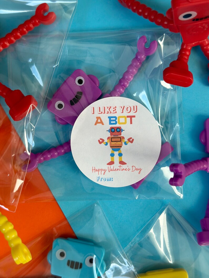Może przedstawiać: Kartka walentynkowa z wzorem robota i tekstem "I like you a bot. Happy Valentine's Day. From:". Kartka znajduje się w przezroczystej plastikowej torebce z fioletową zabawką robotem.