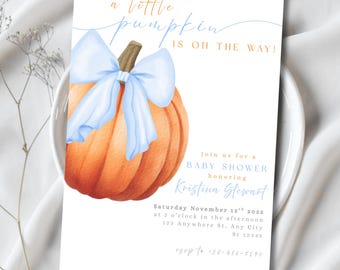 Pumpkin Baby Shower Invitation, Fall Theme, Blue Bow (Digital Template)