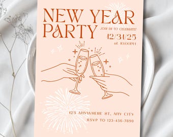 New Year Party Invitation, Retro New Year Invitation, Happy New Year Card, Cocktail Party Invite, 70s Style Invitation, NYE Party Invitation