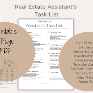 May include: A printable checklist for real estate assistants. The checklist includes tasks for sales support, administrative support, accounting and bookkeeping, listing management, transaction coordination, real estate general tasks, marketing process, online marketing, and valuation tasks.
