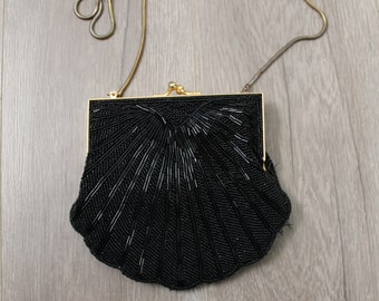 Vintage Beaded Black Clutch / Metal Strap / Era 1950's - 1980's