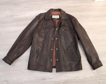 Y2K Leather Jacket Brown Men's Size Large Four Pockets Snap and Zipper