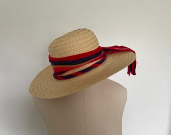 Vintage Women Straw Hat with Rainbow Ribbon