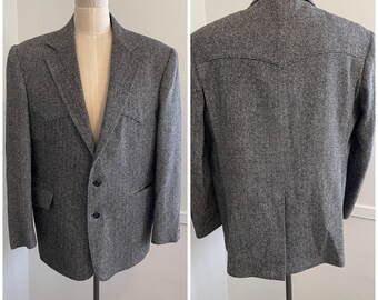 Vintage Western Blazer by Pagano West Made San Diego USA Gray Herringbone Fabric Pattern