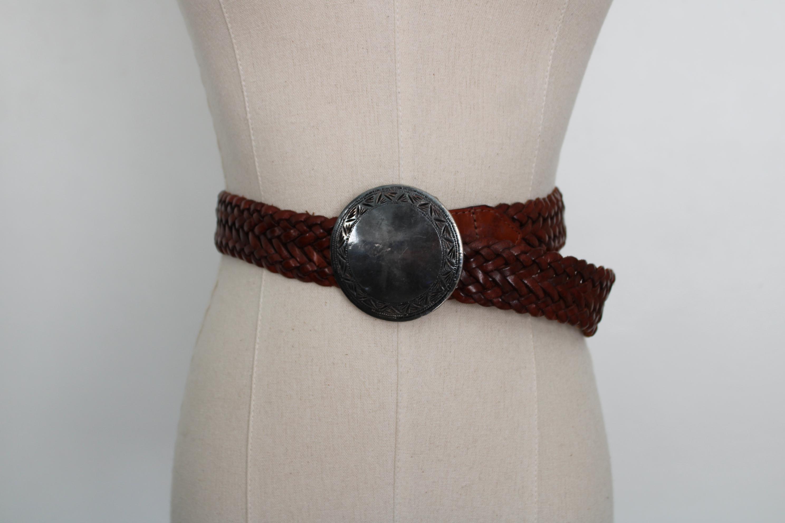 Y2K Leather Belt Brown Coin Buckle whip stitching design Wide Belt Boho Belt Vintage Brown Woven Leather Belt: Wide Braided Boho Y2K - Etsy main image 3