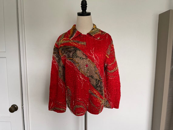 Y2K Wrinkle Poly Red Top with Abstract Print - image 1