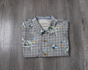 Men's Hawaiian Shirt Floral Print Gray XL Size Y2K